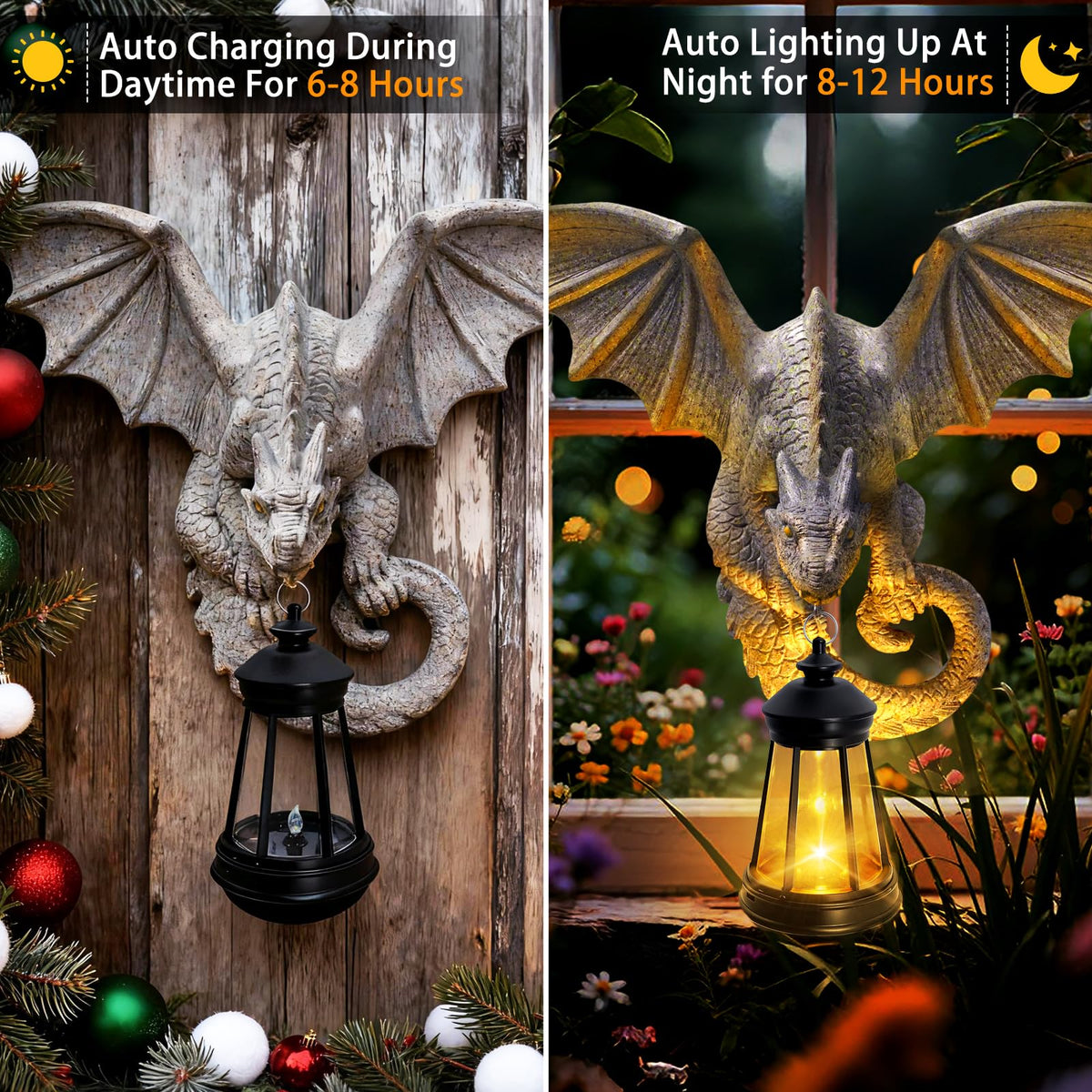 Solar Dragon Tree Hugger Garden Statue (Stone Grey - Dragon with Lantern)
