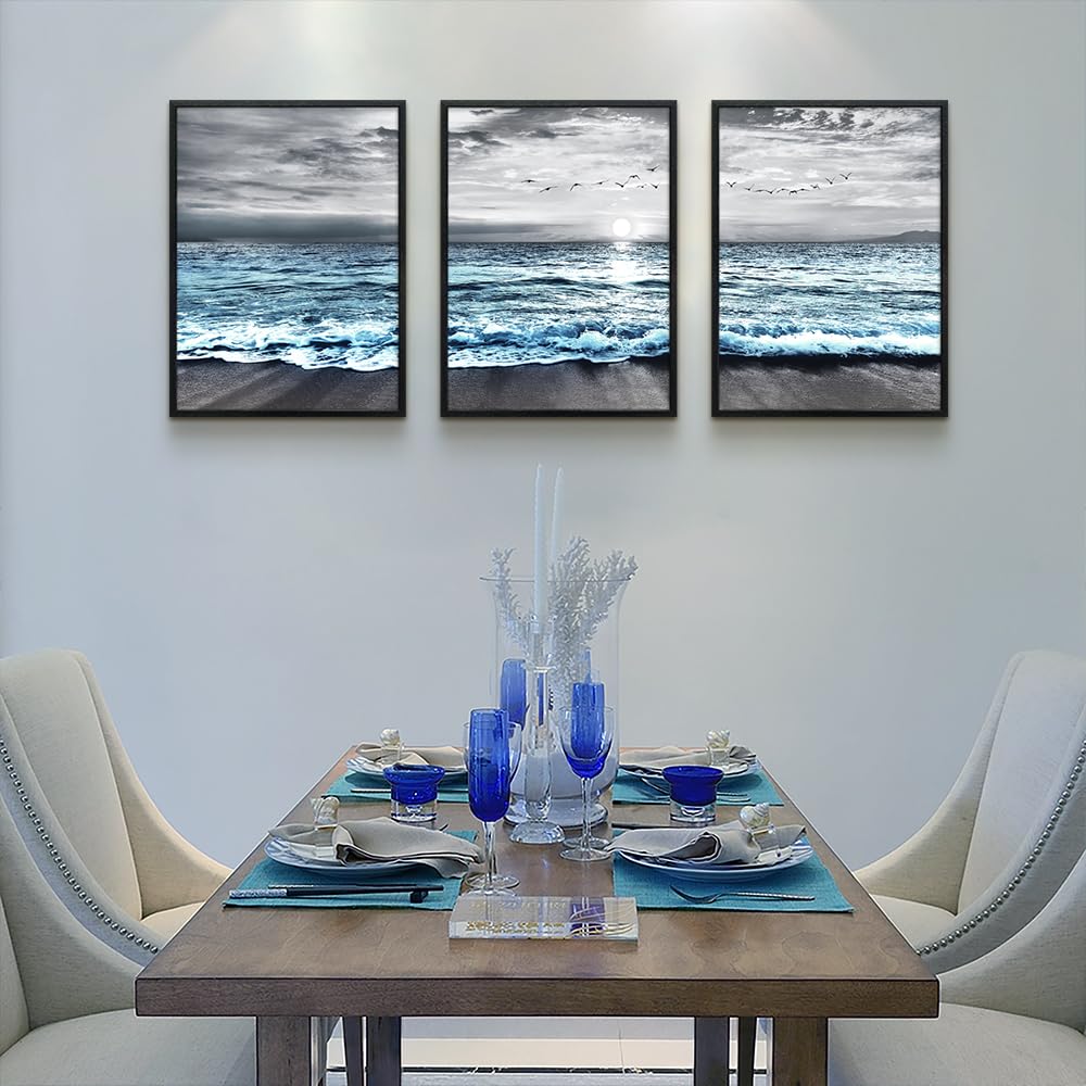 Black Framed Canvas Wall Art For Living Room & Bedroom Decor (12x16 inches (Set of 3 Panels) / Blue Ocean Landscape with Black Frame)