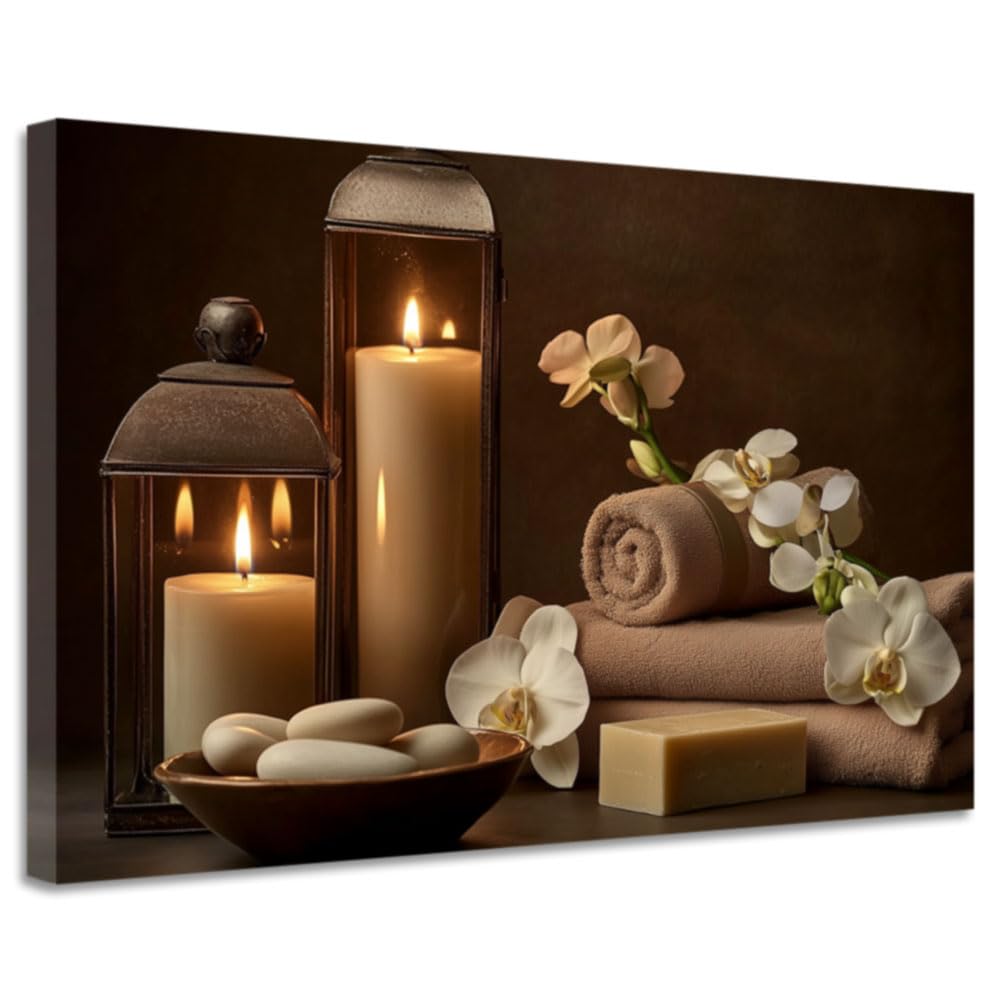 YMXHUANSH SPA Wall Art Decor Candles Canvas Print Orchids & Stones Zen Bathroom Artwork for Yoga Room Bedroom Massage Studio 28x42inch (White / 28"x42")