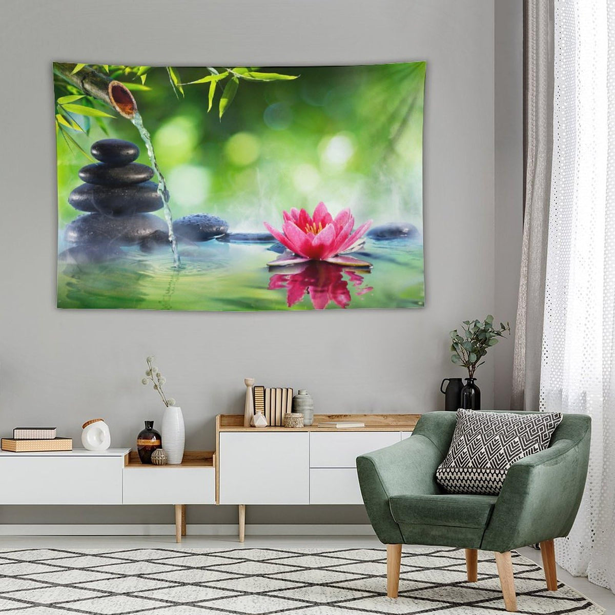 Zen Tapestry Wall Hanging Water Lotus Flower Blossom Stone Bamboo Spa Spiritual Meditation Tapestries Home Decor for Living Room Bedroom Farmhouse Apartment Dorm 40"x60" (40"L x 60"W / Zen-19)