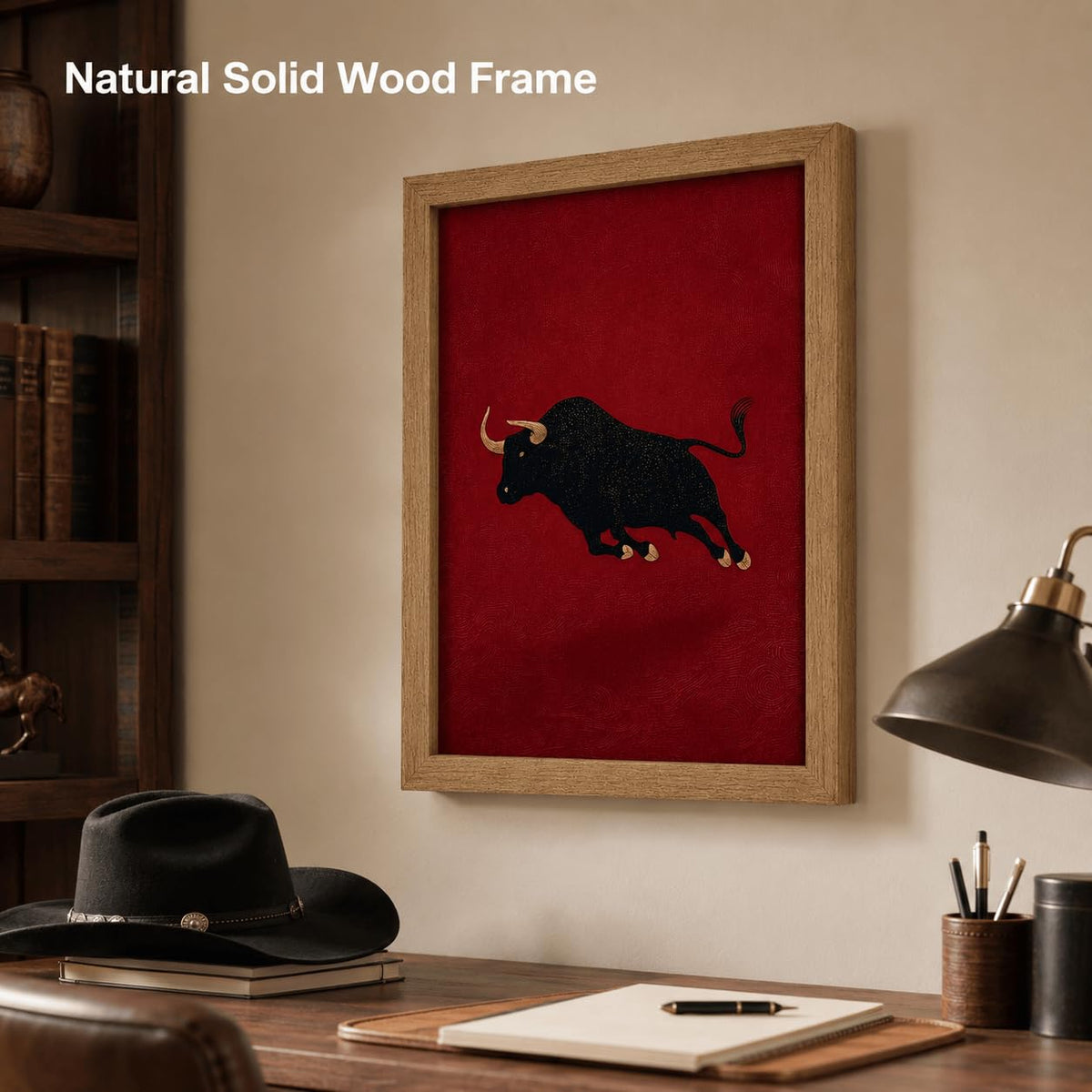 Vintage Bull Framed Wall Art Retro Red Abstract Minimalist Animal Decor (Red Bull / 16"L x 12"W)