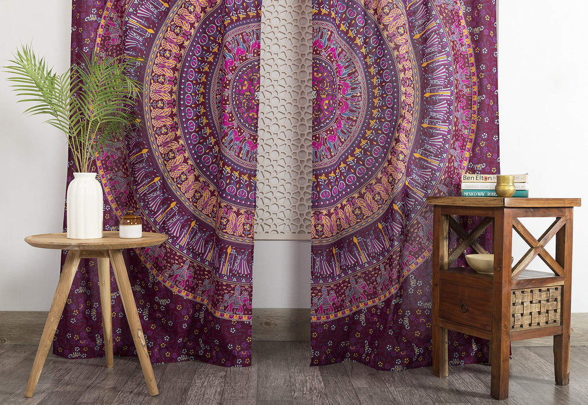 Indian Hippie Bohemian Beautiful Elephant Maroon Pink Color Mandala Curtain Panels (38"W x 83"L (Pack of 2) / Maroon Pink)