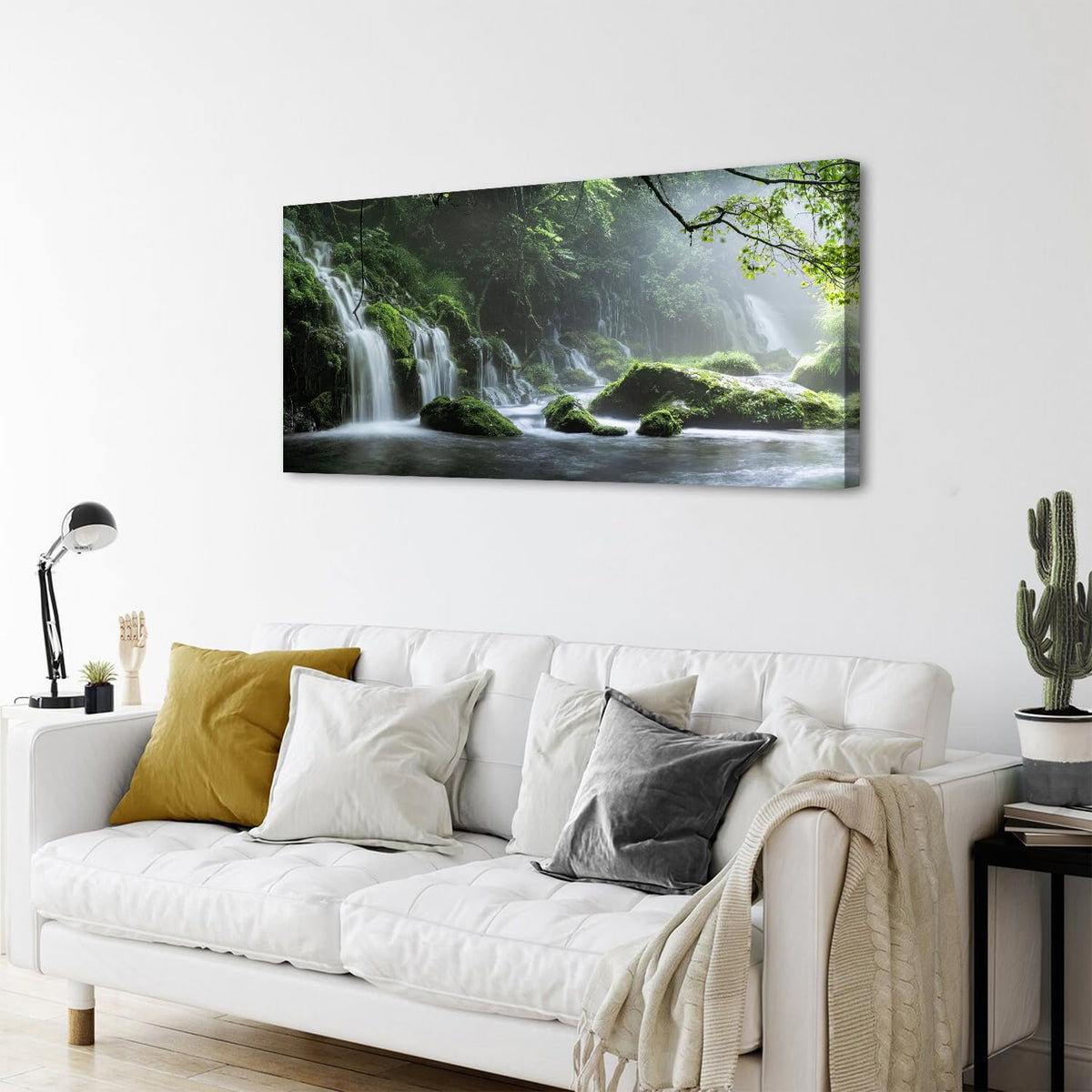 Green Forest Wall Art Lake Waterfall Nature Picture for Living Room Wilderness Mountains Zen Wall Decor National Park Photo Prints Canvas Rustic Scenic Poster Bathroom Bedroom Home Decorations 24x48" (48"L x 24"W / Forest Waterfall)