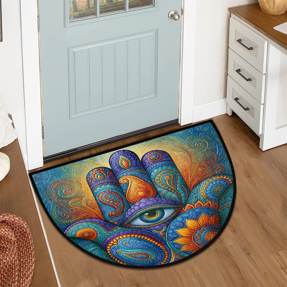 Hamsa Half Round Doormat Semi Circle Rug Non Slip Half Moon Rug (D01:boho 03)