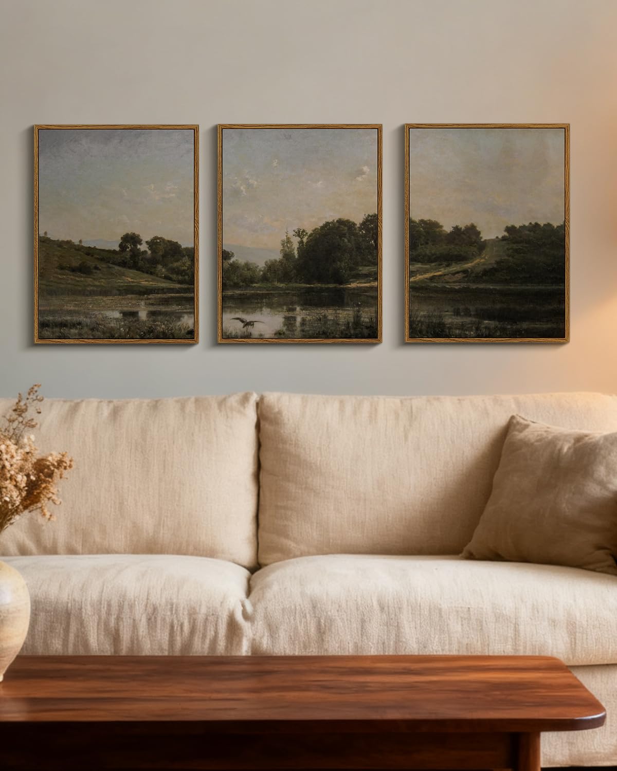 Vintage Framed Landscape Wall Art Set of 3 12x16 Countryside Lake Canvas Painting (Field Triptych / 12"x16"x3)
