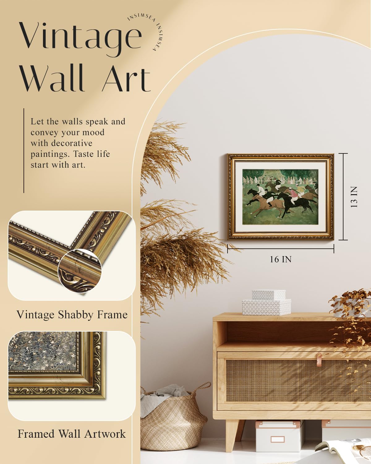 gold framed art (Horse racing / 16"L x 13"W)