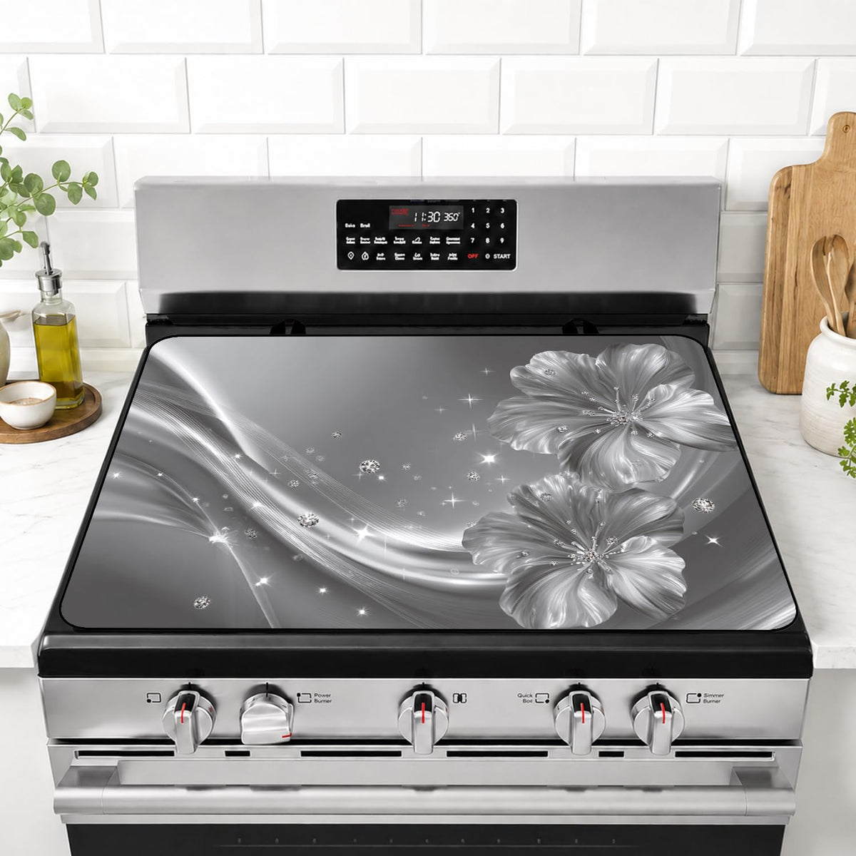 Silver Flower Stove Top Cover 28x20 Inch Decorative Glass Stove Cover (Colorful2551)
