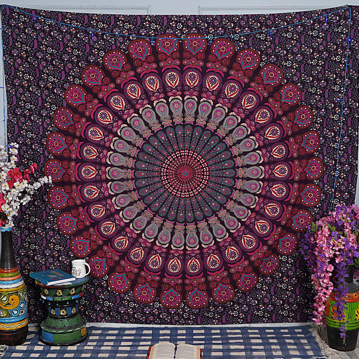 Handmade Cotton Peacock Mandala Tapestry (40"L x 30"W / Purple Pink)