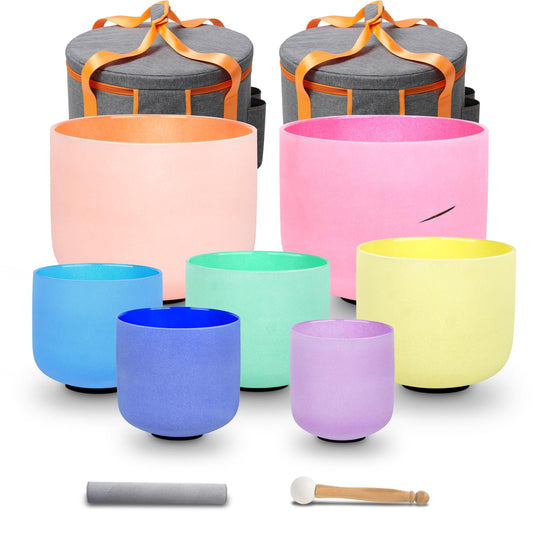 Set of 7 6 12 inch Color Tuned 432hz Quartz Crystal Singing Bowls with Heavy Duty Carrying Cases and Singing Bowl Mallets Multi (Set of 7, Colour)