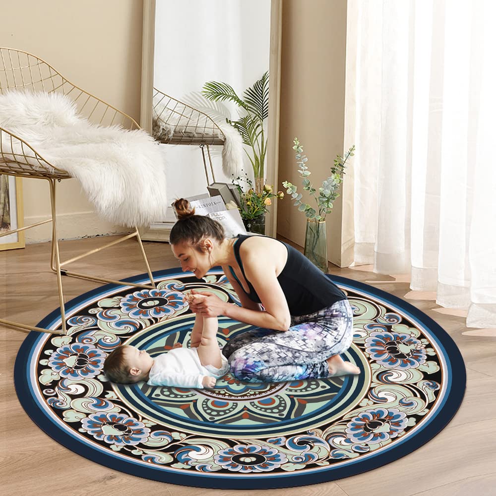 Large Round Yoga Mat 4.6'X3.5mm for Exercise Premium Extra Thick (Mixed flowers A)