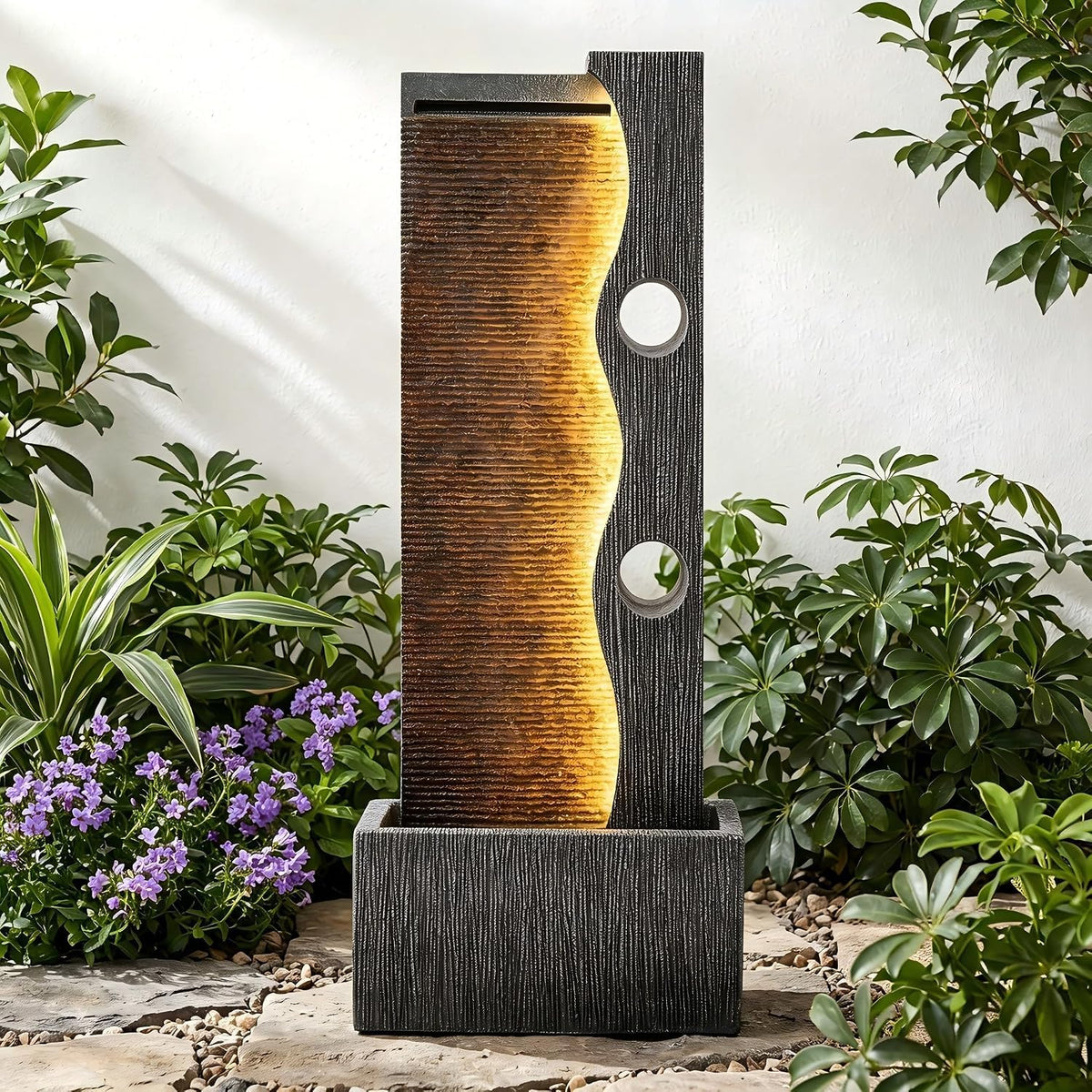 AUTODAYA 39" Zen Faux Slate Outdoor Fountain LED Cascading Waterfall (39.4"h Faux Slate)