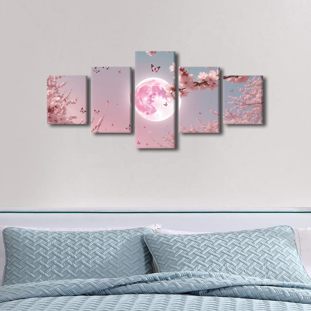 Canvas Wall Art Serene Moonlight Through Sakura Branches Five Panel Framed Painting Japanese Inspired Decor Zen Meditation Wall Art Asian Style Home Decor Ready To Hang 50"Wx24"H‌ (50''Wx24''H / Artwork-10)