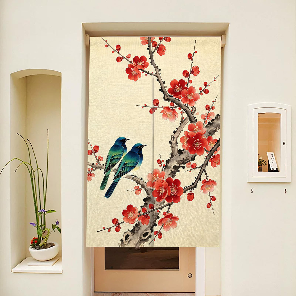 Japanese Noren Doorway Curtain New Chinese Bird Flower Tapestry 33.5x59inch (Beige Red / 33.5"W x 59"L (Pack of 1))