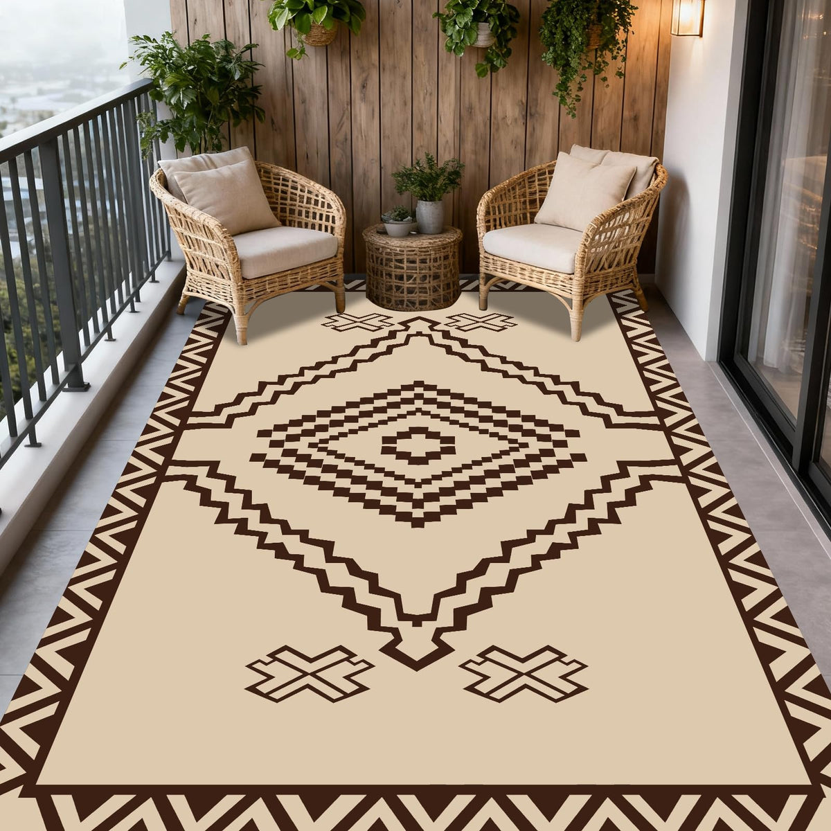 Beige Brown Geometric Rug 6x9 FT Defines Space Mat for Patio Deck Camping (Del Diamond / 6x9 Feet)