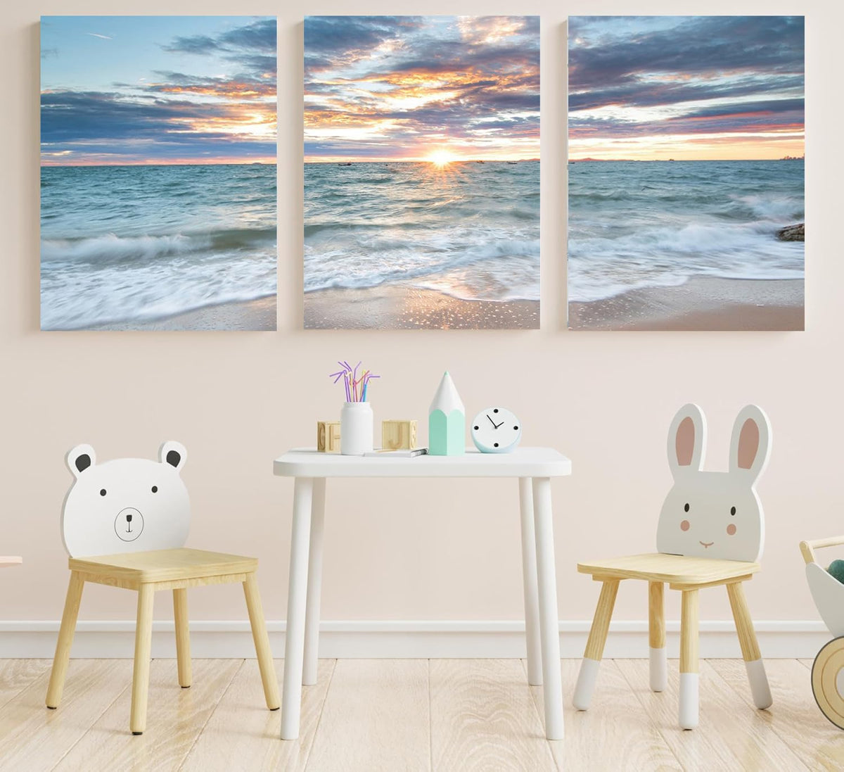 Bathroom Decor Beach Sunset Wall Art Ocean Print Art Coastal Canvas Wall Decor 3 Panels Framed Picture Landscape Painting for Modern Living Room Bedroom Office Artwork Home Decorations (BAOceaY3 / 12"x16"inches x 3 pcs)