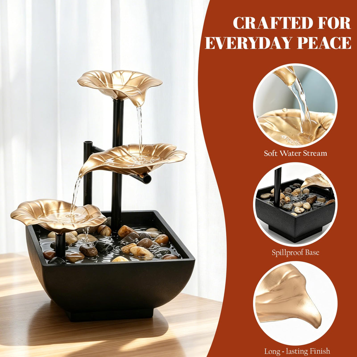 Table Top Water Fountain Indoor with Yellow Light for Home Office Decor