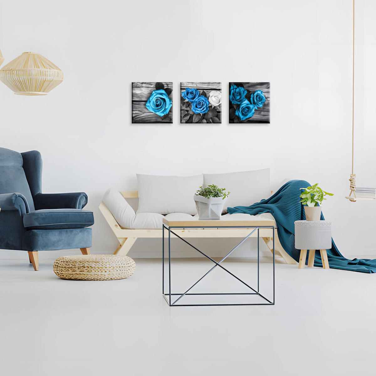 Blue Wall Decor for Living Room Blue Bathroom Accessories Black and White Canvas Wall Art Blue Rose Pictures Bedroom Decor Modern Painting Kitchen Home Decorations 20x20 3 Pcs (20 x 20 inches (3-Piece Set) / Blue Rose)