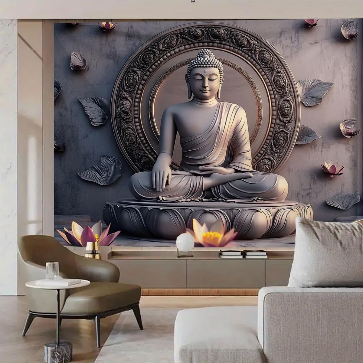 Vintage Sitting Buddha Tapestry Wall Hanging Buddhist Statue Tapestries Lotus Meditation Wall Decor Psychedelic Indian Zen Art for Bedroom Living Room Home Decor (Grey2 / 59"L x 39"W)