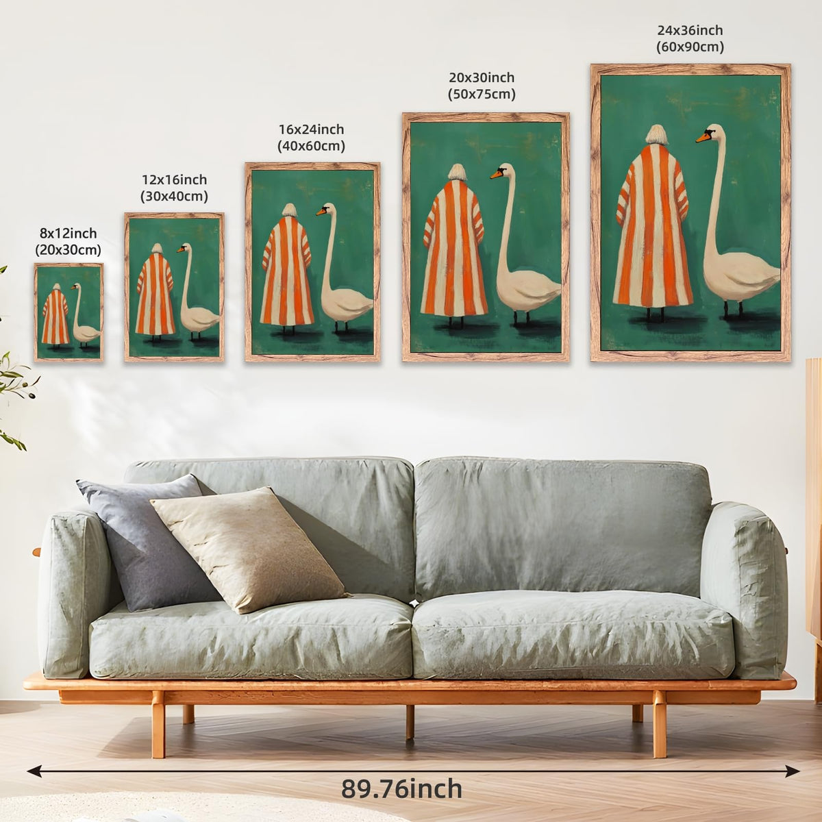 Wood Frame Whimsical Swan Wall Art Surreal Woman Bird Canvas Print Artwork Vintage Green Orange Painting Quirky Animal Decor Poster Eclectic Wall Decor Pictures for Living Room Bedroom 24x36inch (24"L x 36"W / style-4 Wood Framed)