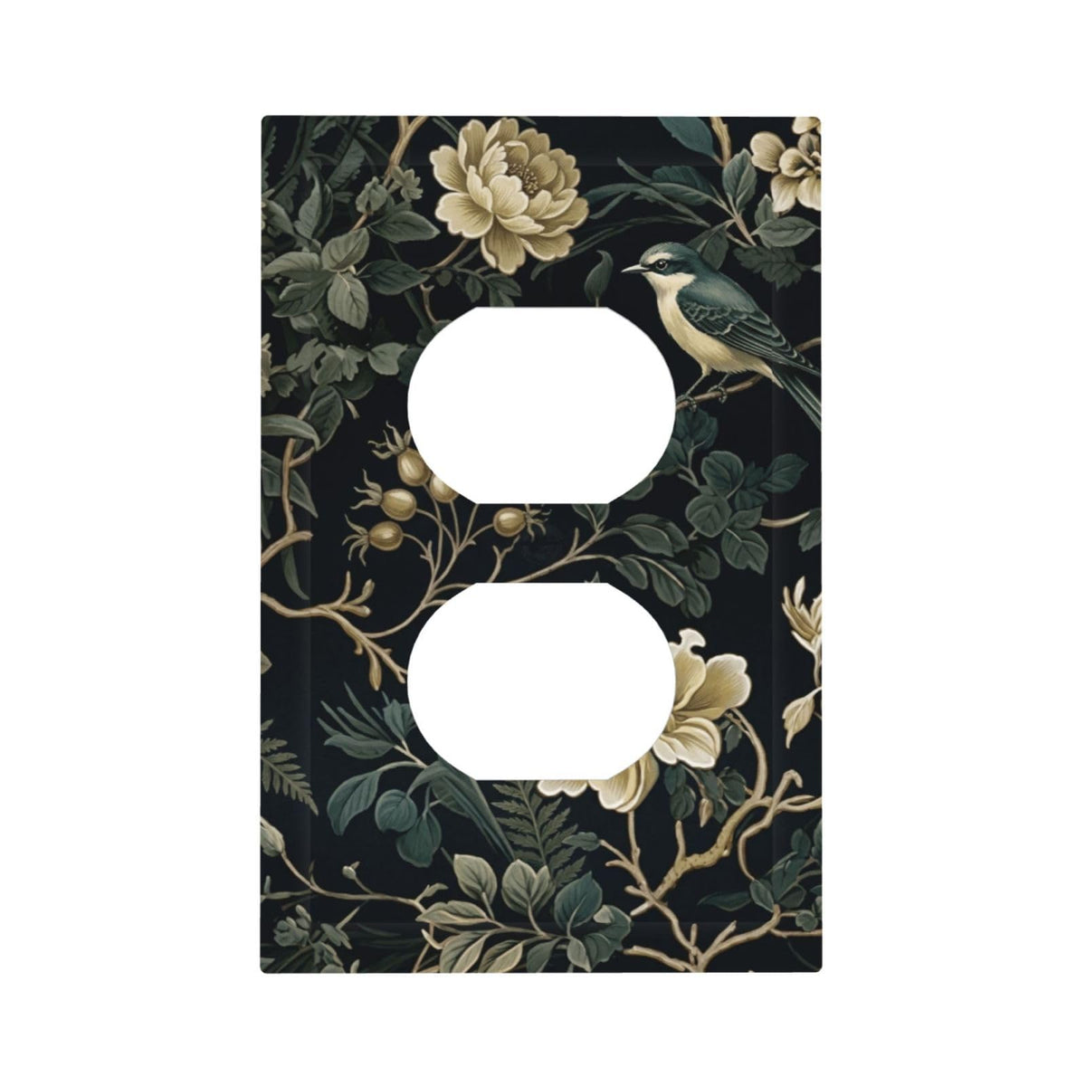 Decorative Boho Floral Bird Leaf 1 Gang Receptacle Outlet Cover (Spring Black Boho Floral Leaf / 1-Gang Duplex Mid)