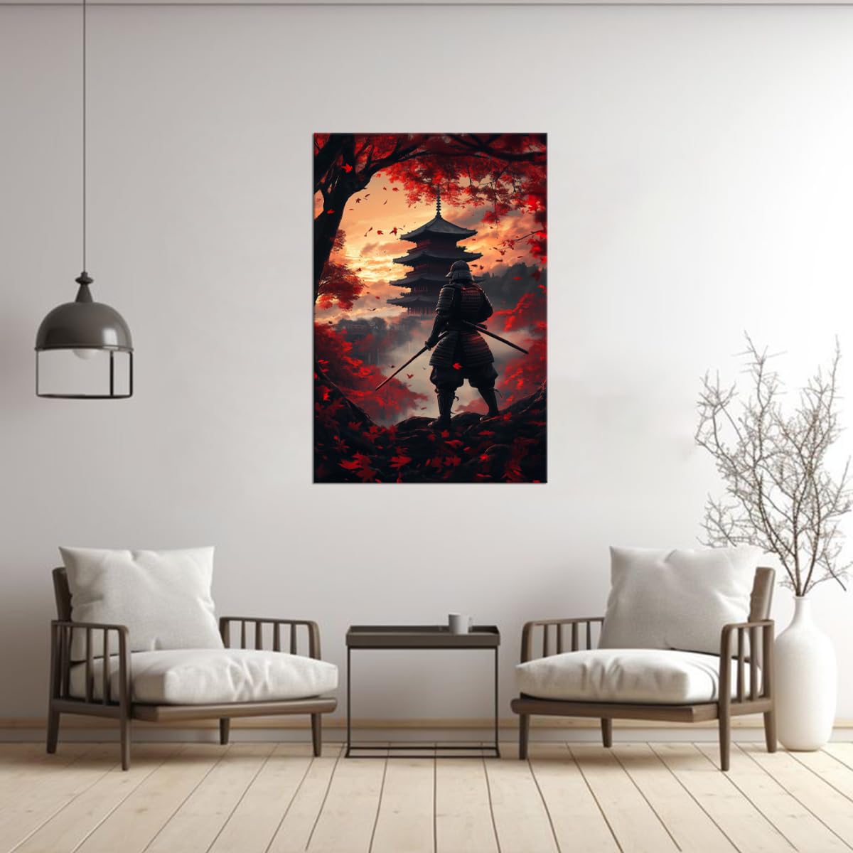 Sunset Maple Armored Samurai & Pagoda Canvas Wall Art (12"L x 16"W / Samurai12)