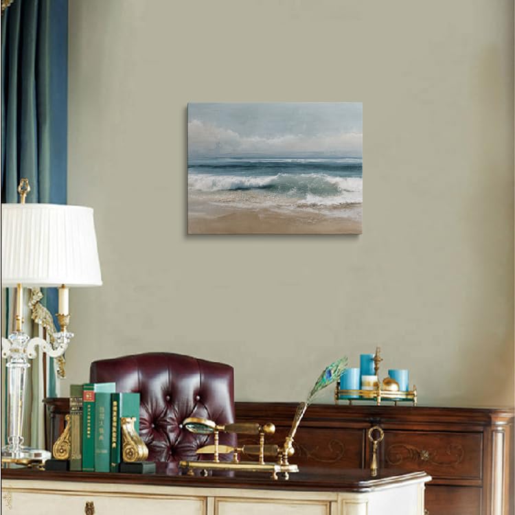 Calming Beach Seascape Canvas Wall Art Framed Serene Painting Ocean Waves Blue Teal Green Layers Sandy Shore Soft Horizon Coastal Wall Decor Artwork Print Poster 16x24 Inches (sea / 24"L x 16"W)