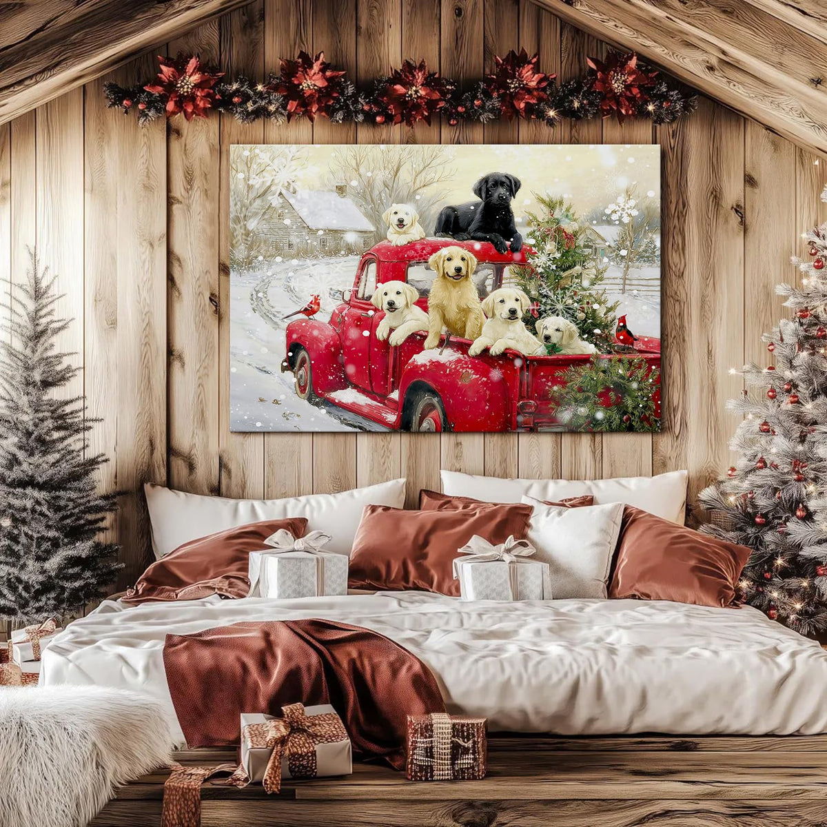 Vintage Christmas Wall Art Winter Farmhouse Scenic Wall Decor Red Truck Christmas Tree Canvas Prints Cute Puppy Pictures Snow Country Landscape Artwork for Bedroom Kitchen Home Decorations 32x48" (48"L x 32"W / Xmas Puppy)