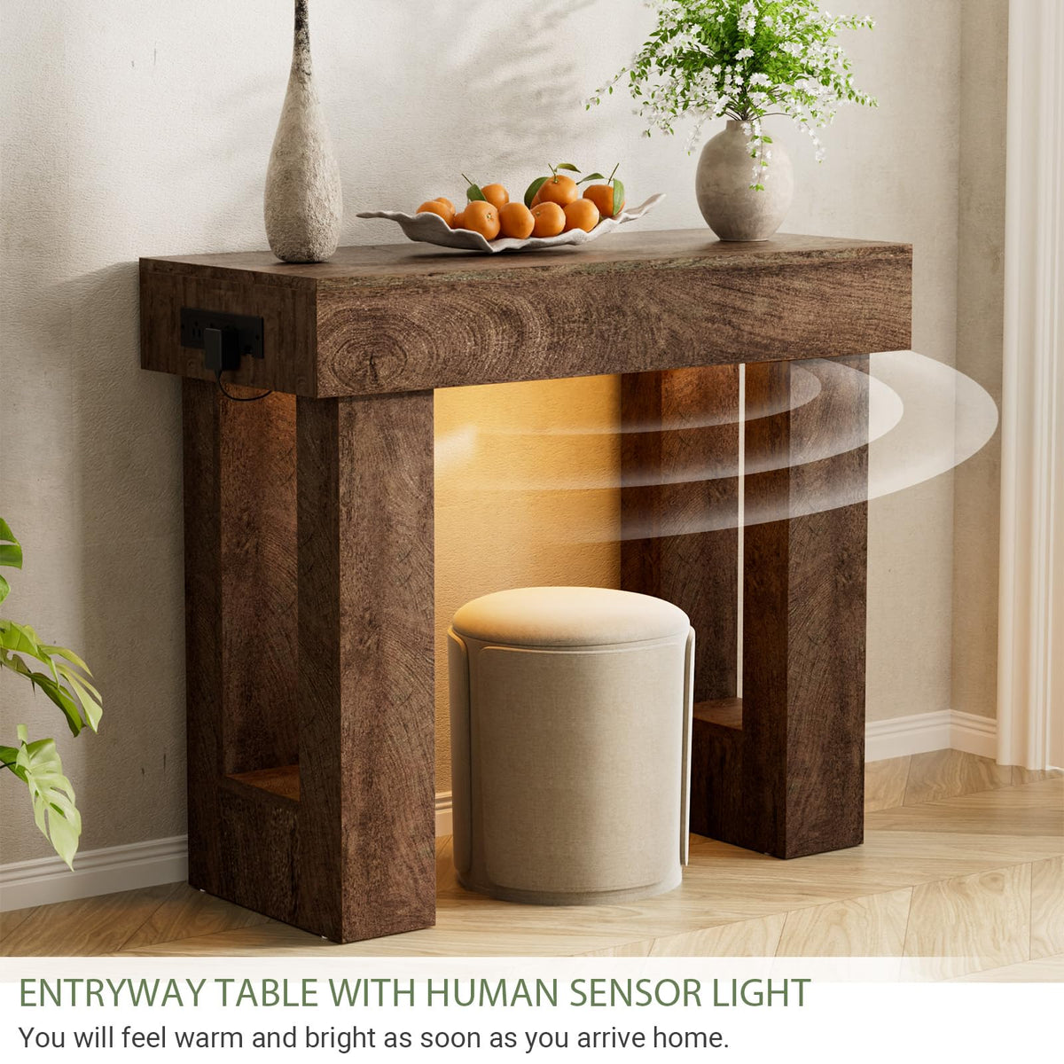 39" Entry Table with Sensor Light & AC Outlets with USB (Rustic Oak / 39IN)