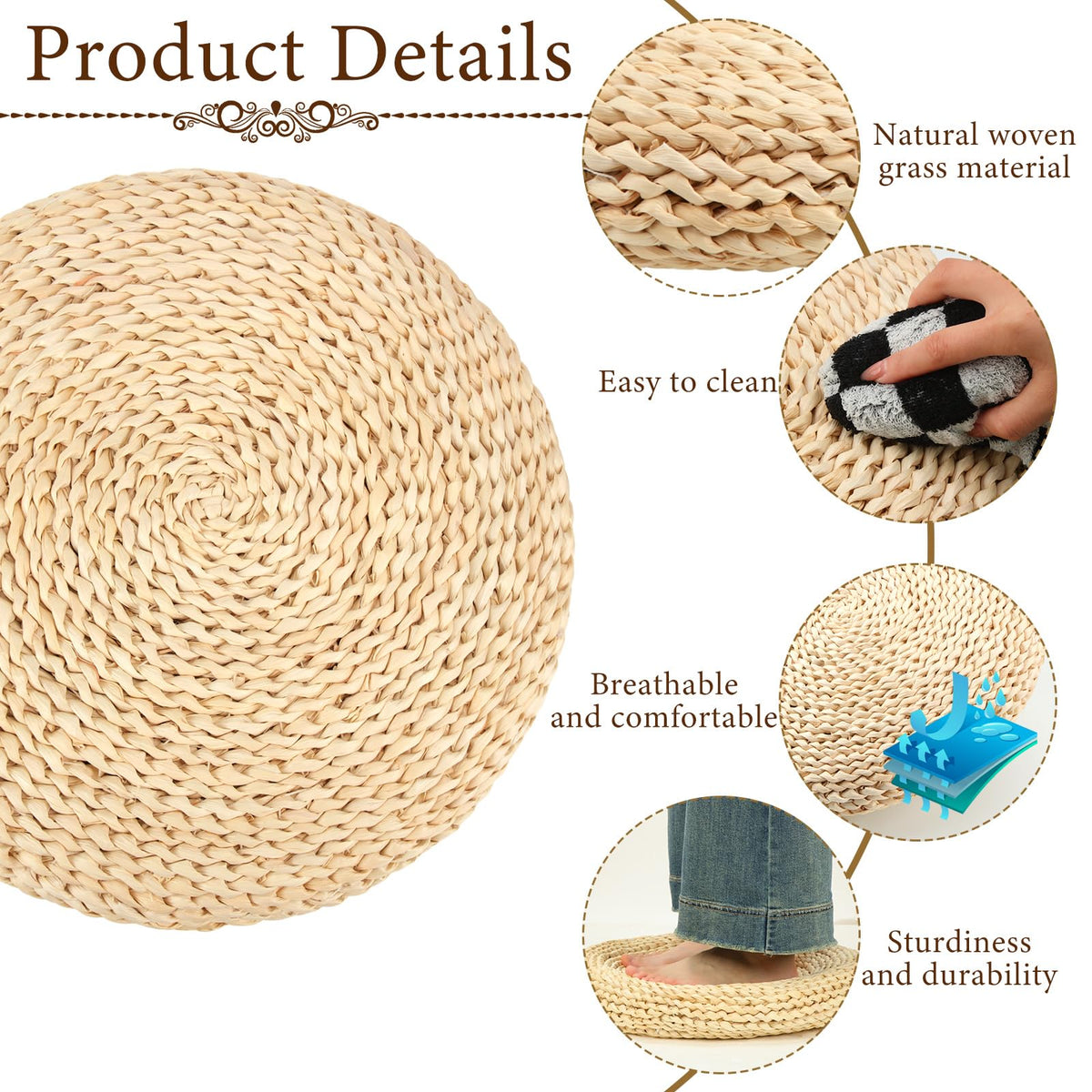 8 Pcs Straw Floor Cushions Round Large Tatami Floor Pillow Cushion