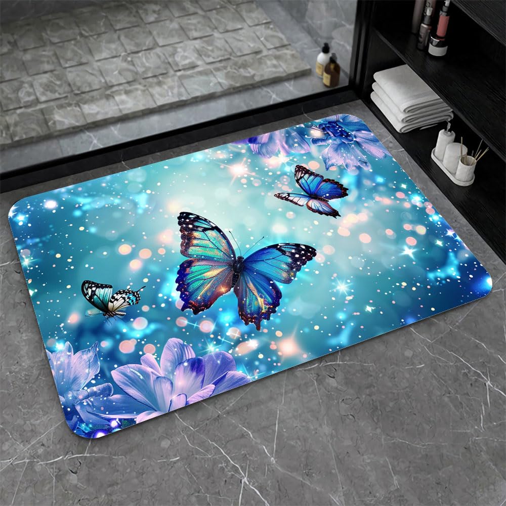 Bath Mat Bathroom Rug (Butterflies, Blue Glitter- / 1'8" x 2'8" (Rectangular))