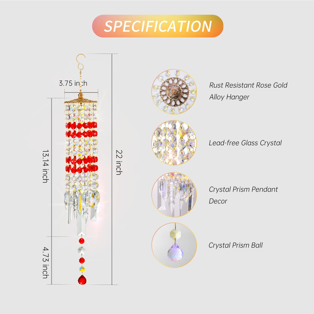 Crystal Wind Chimes Rainbow Suncatcher for Window (Red)
