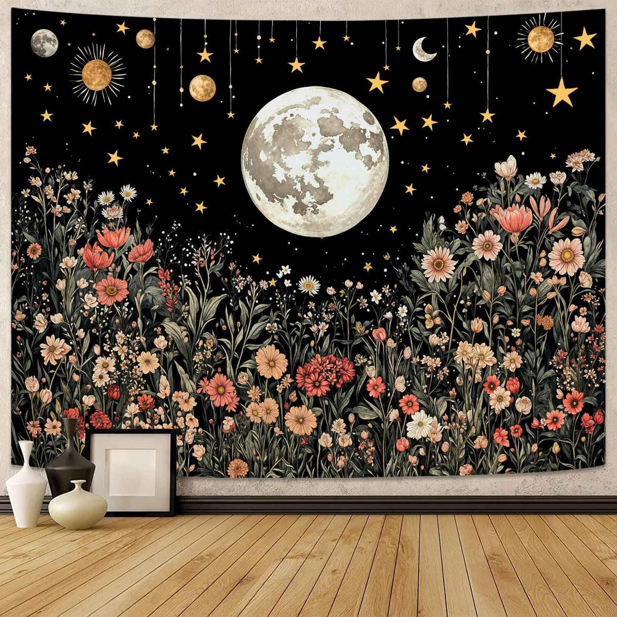 Enchanted Floral Night Sky Tapestry (80"L x 60"W / Black Moon)