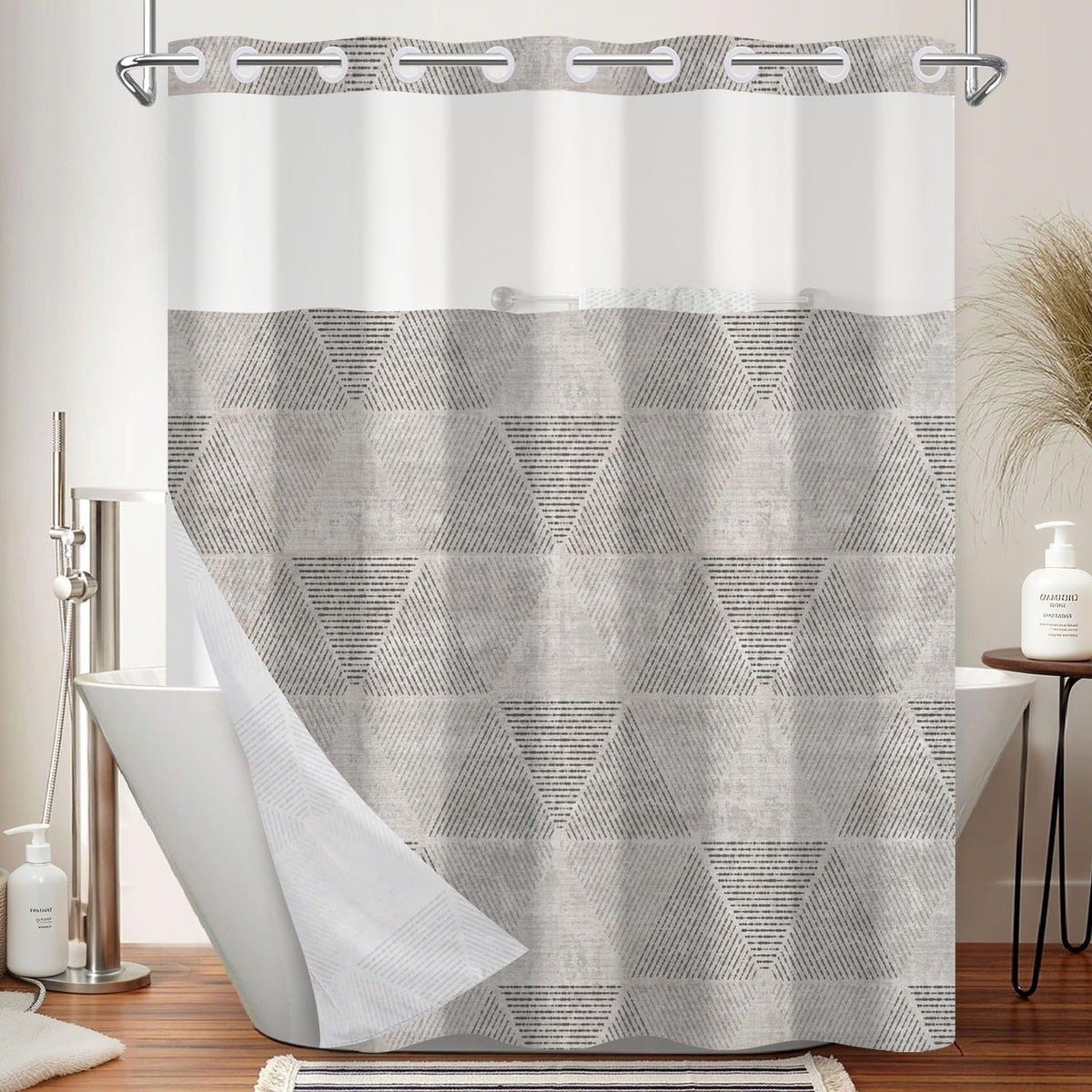 Taupe Abstract Geometric Hook Free Shower Curtain with Snap in Liner (Geometric-4)