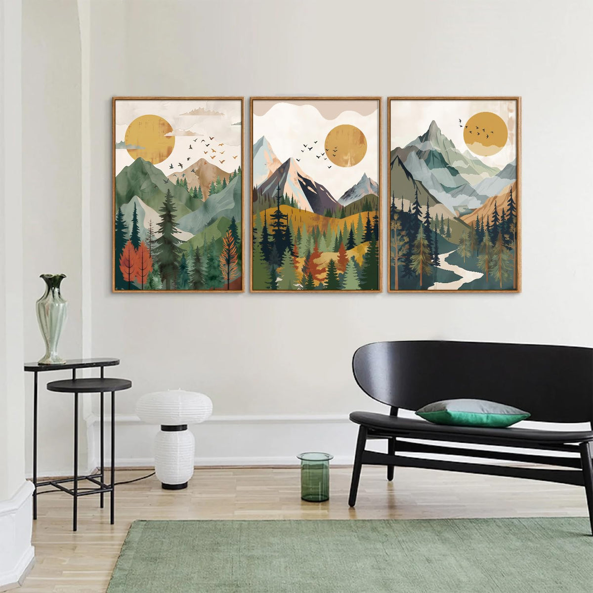 Boho Mountain Framed Canvas Wall Art (Watercolor Sun Forest / 36"L x 24"W)