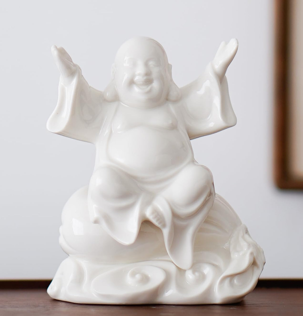 Small Ceramic White Laughing Buddha Statue for Good Luck (Happy)