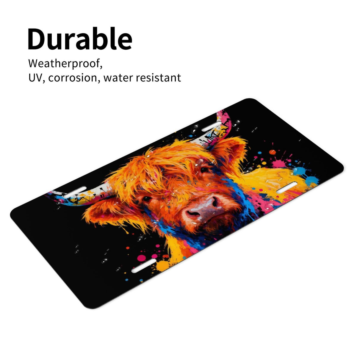 Colorful Splash Cute Highland Cow Front License Plate Aluminum Decorative License Plates Metal Car Plate 6"X12" Novelty Vanity Tag Cover with 4 Holes Car Decor Accessory (Brass / 6 X 12 Inch)