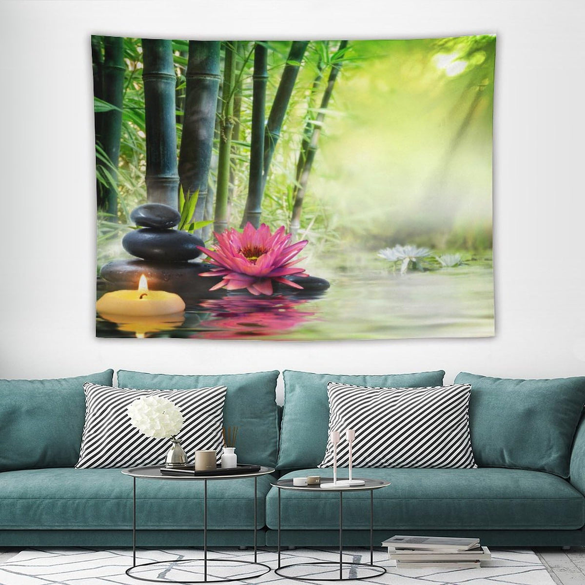 Japanese Garden View Tapestry Wall Hanging Spa Water Lotus Flower Zen Stone Relaxation Bamboos Candles Tapestries Home Decor for Living Room Bedroom Farmhouse Apartment Dorm 60"x80" (60"L x 80"W / Zen-17)