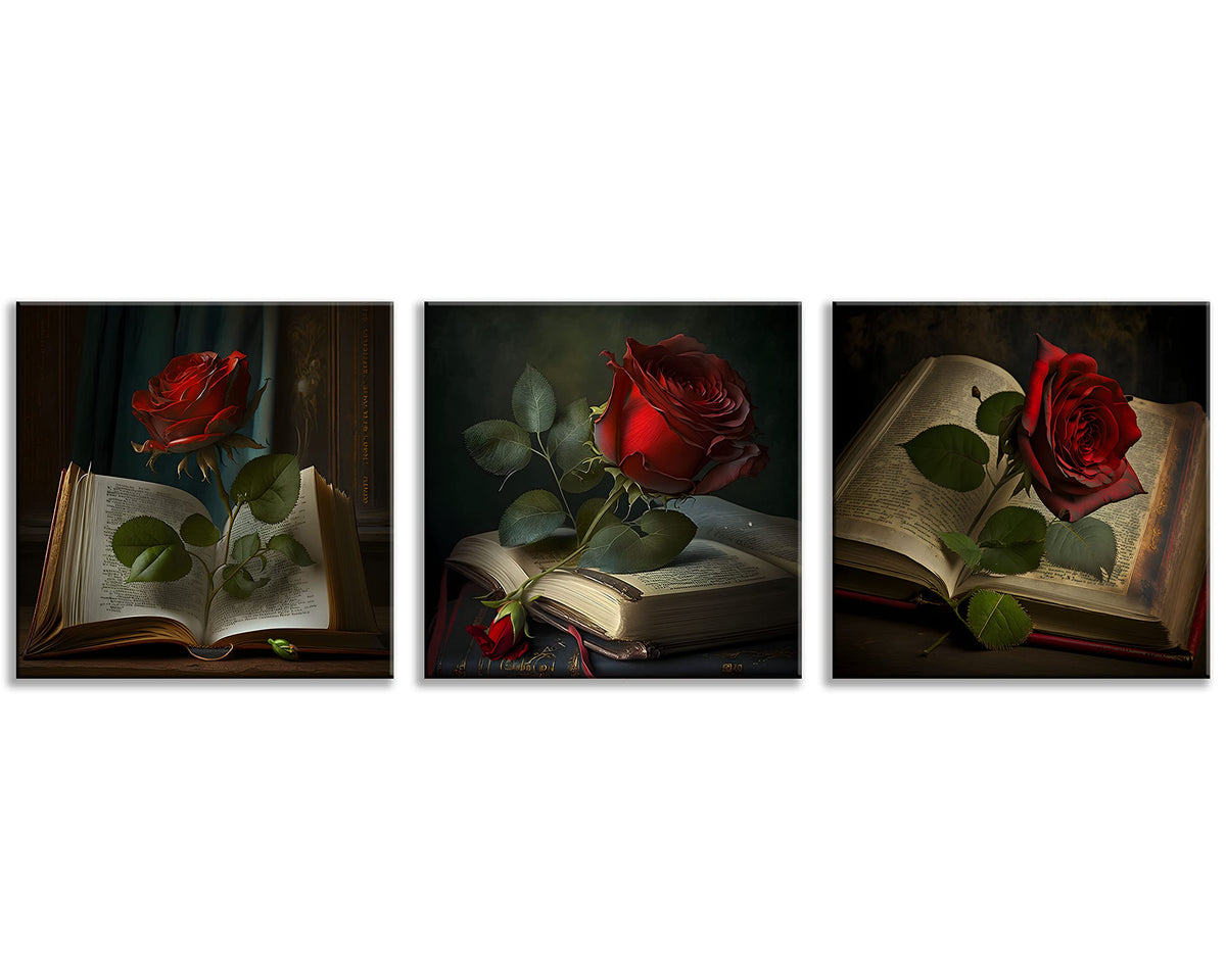 Vintage Red Wall Decor for Living Room Green Leaf Retro Wall Art Red Rose on Books Pictures Bedroom Decor Kitchen Home Decorations 16x16 3 Pcs (16 x 16 inches (3-Piece Set) / Vintage Rose)