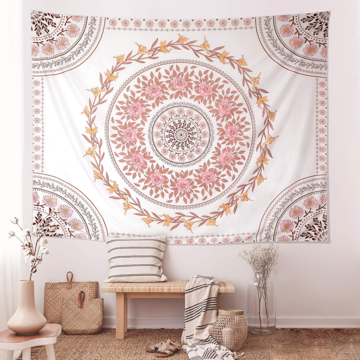 Wall Tapestry for Bedroom Aesthetic Pink Mandala Wall Hanging Large Boho Trippy Tapestries Bohemian Art Tapistry Hippie Floral Tapastry Decor For Bedroom Ceiling Living Room Dorm (60"L x 60"W / Boho Tapestry-White)