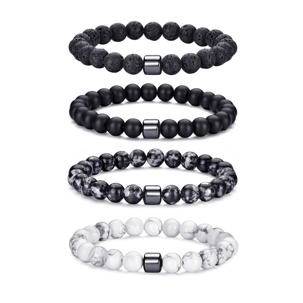 Tiger Eye Bracelet For Men 8MM Natural Stone Beads Bracelet Set Stretch Lava Rock Bracelets Adjustable Black Crystal Beaded Bracelet for Men Women Gifts (4,lava rock,black,gray,white bracelet)