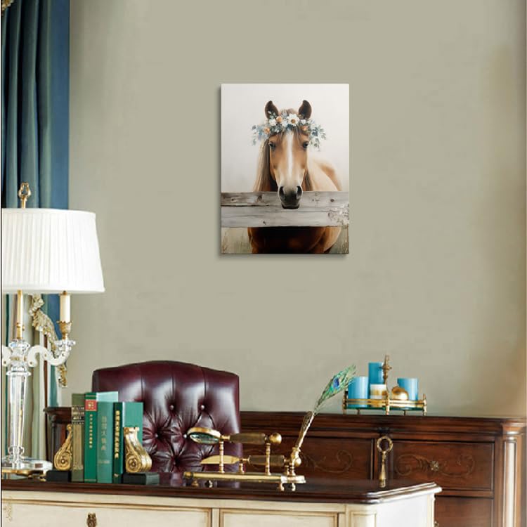 Farmhouse Horse Painting Canvas Wall Art Framed Print Rustic Animal Portrait with Floral Crown Pastel Colors Weathered Wood Fence Wall Decor Artwork for Bedroom Office Decor 16x24 Inches (horse / 24"L x 16"W)