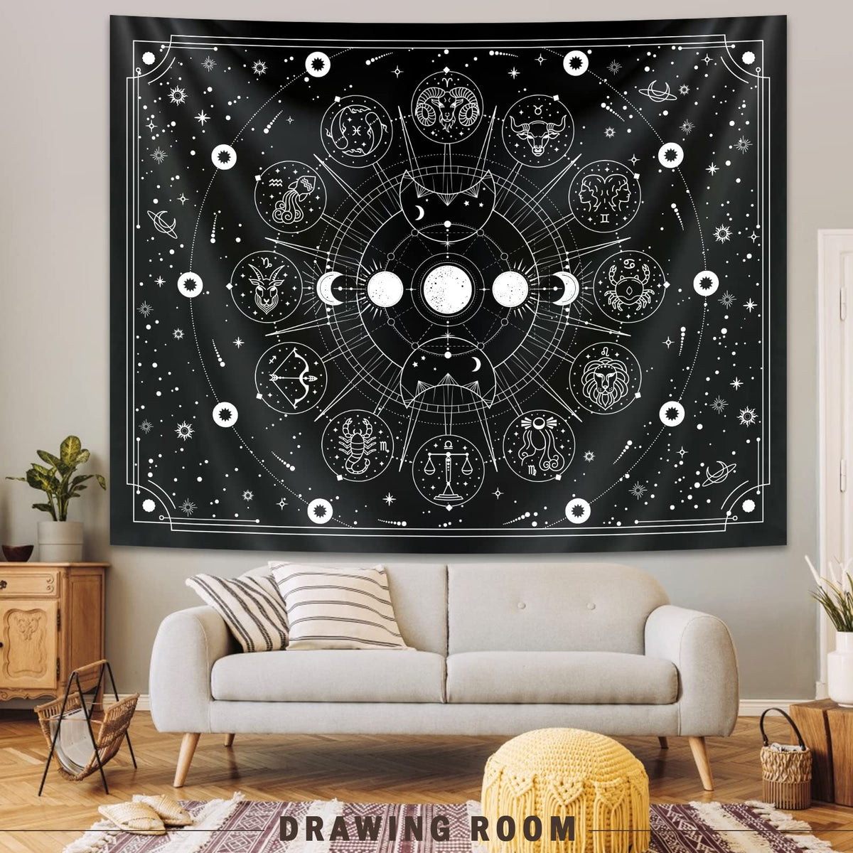 Sun Moon Zodiac Tapestry Wall Hanging (Multicolor / 37"L x 29"W)
