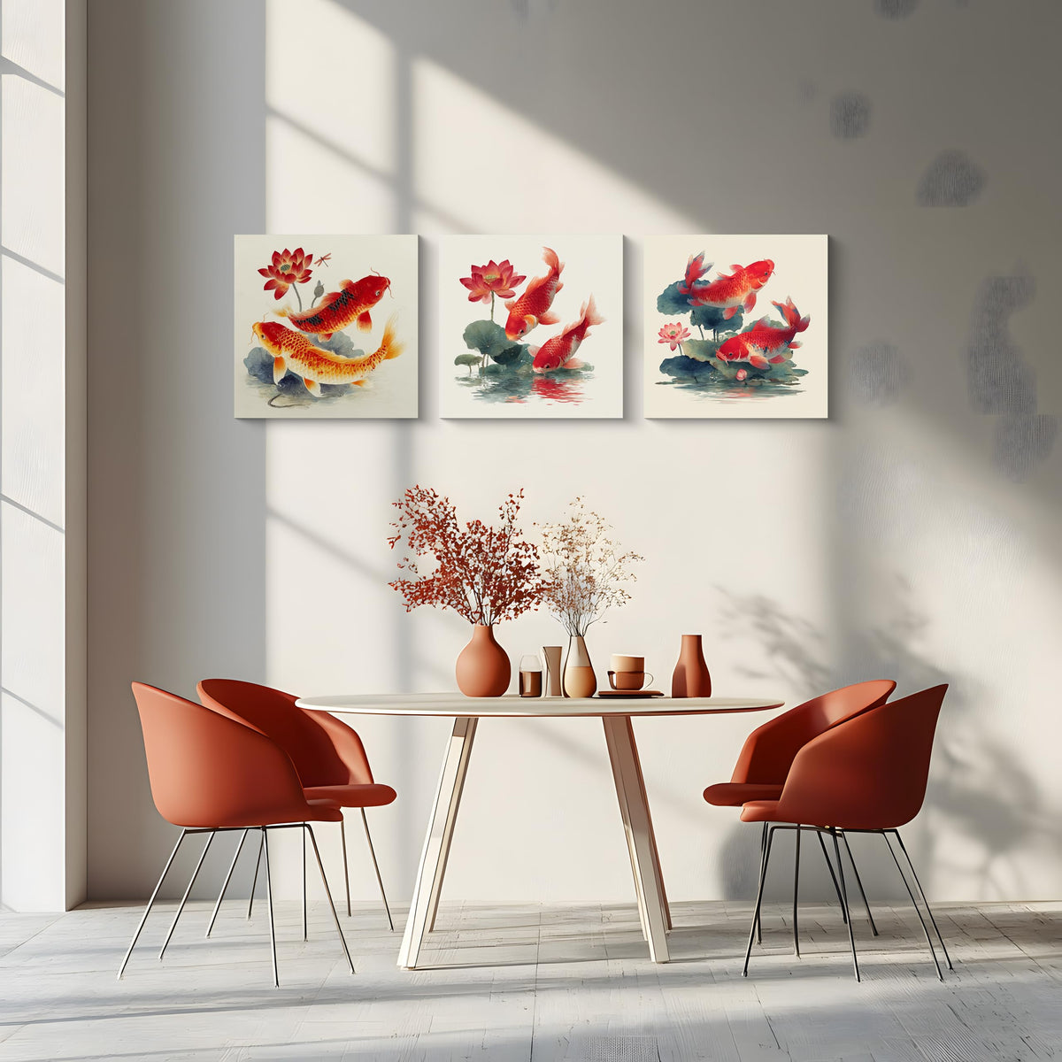 3Pcs Japanese Koi Fish Lotus Flower Wall Art Red Watercolor Zen Canvas Prints for Living Room Feng Shui Good Luck Animal Pictures Asian Oriental Floral Artwork Decor Ready to Hang (Zen Koi Canvas / 16x16inchx3)