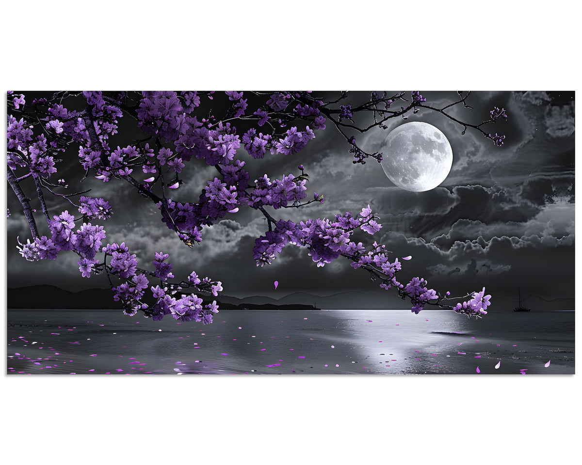 1 Pcs Purple Bedroom Pictures Wall Decor Purple Canvas Art Black and White Sea Night Full Moon Purple Flower Print on Canvas Purple Wall Picture for Room Decor Stretched and Framed 8x16 inch (16"L x 8"W / Purple Flower 10)