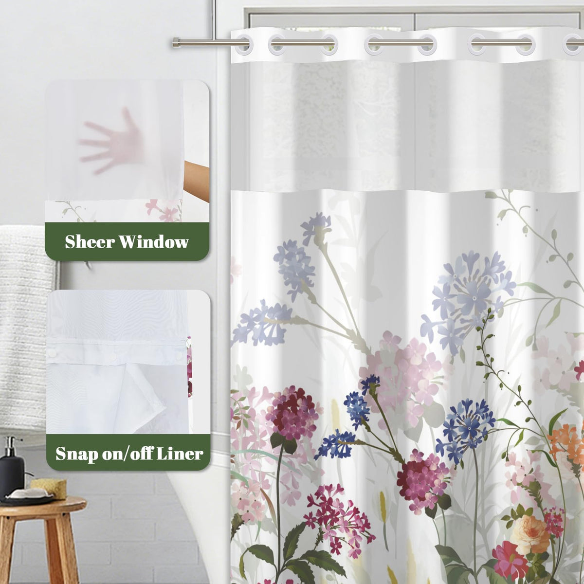 No Hook Shower Curtain and Liner Set (Watercolor Floral)
