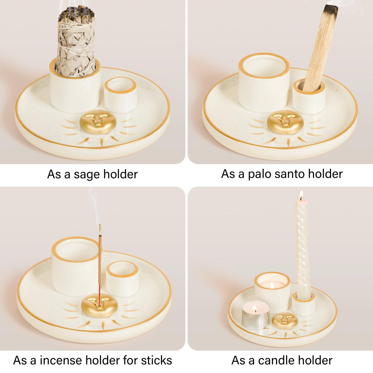 Multifunction Incense and Candle Holder for Burning Sage (Gold 2)