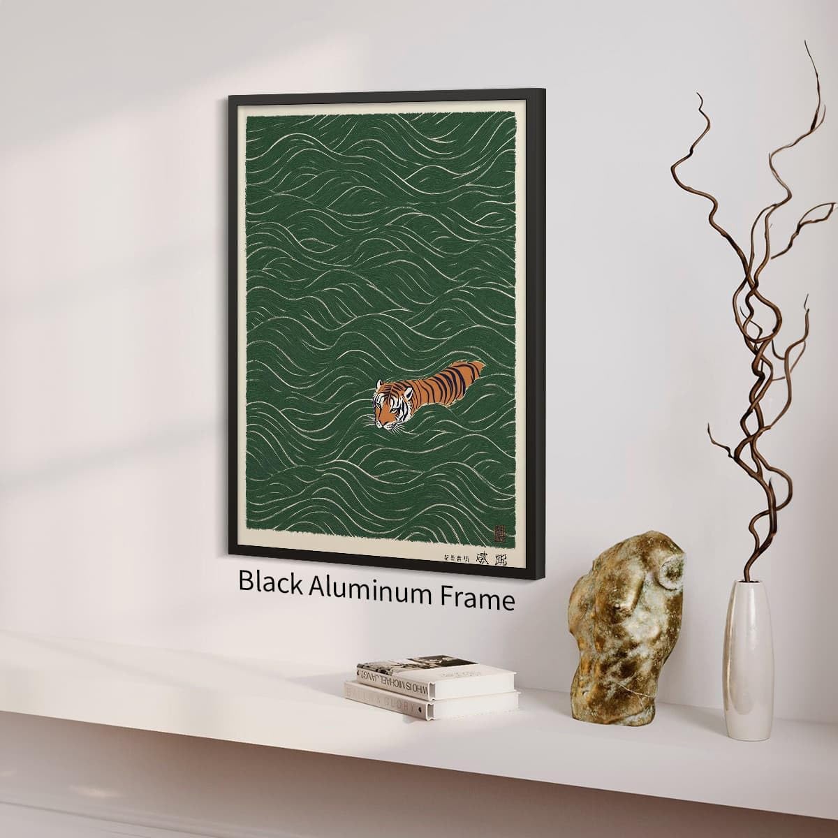 Black Framed Vintage Japanese Tiger Swimming Prints 16x24in Ukiyo (Black Framed / Japanese Art 004 / 24"L x 16"W)
