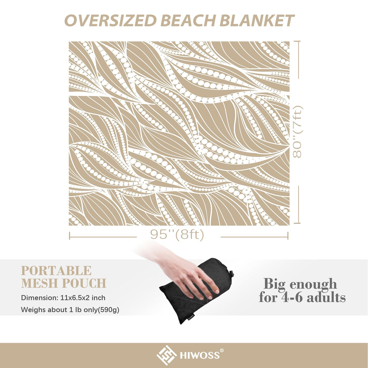 Beach Blanket Waterproof Sandproof Oversized 95”x 80” (Wavebeaded-khaki)