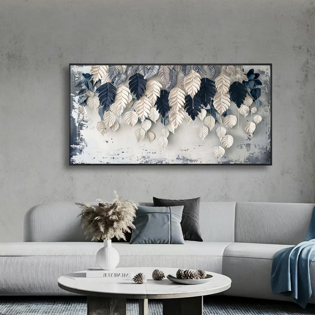 Botanical Leaf Wall Art White Blue Modern Framed Canvas Decor 24"x48" (48"L x 24"W / Leaf 01)