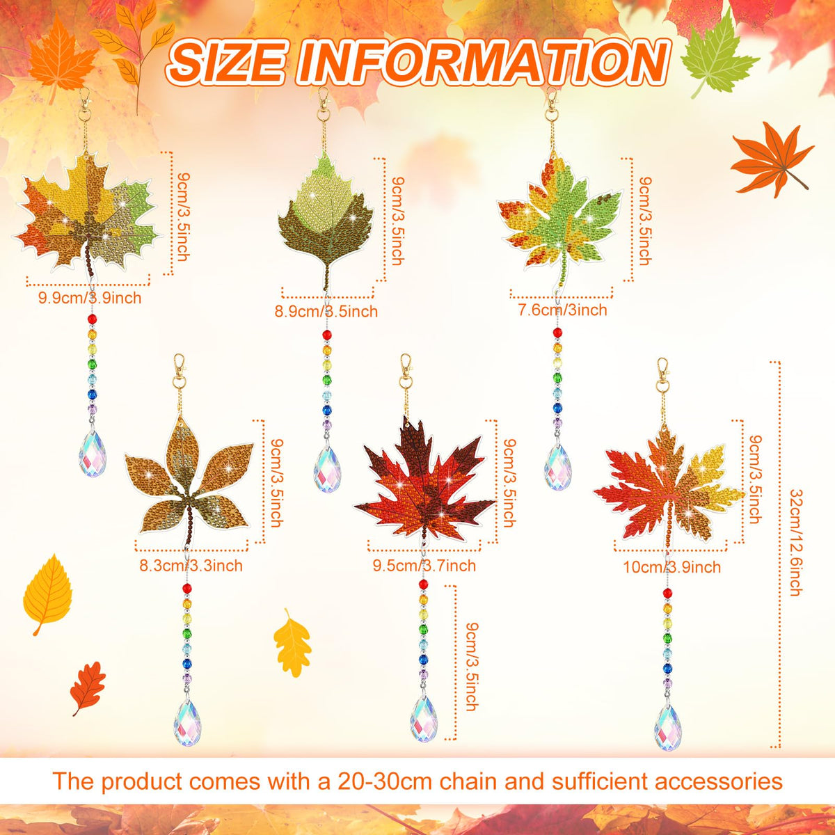 6 Pcs Fall Diamond Art Keychain Kits for Adults Diamond Painting Wind Chime (Maple Leaves)